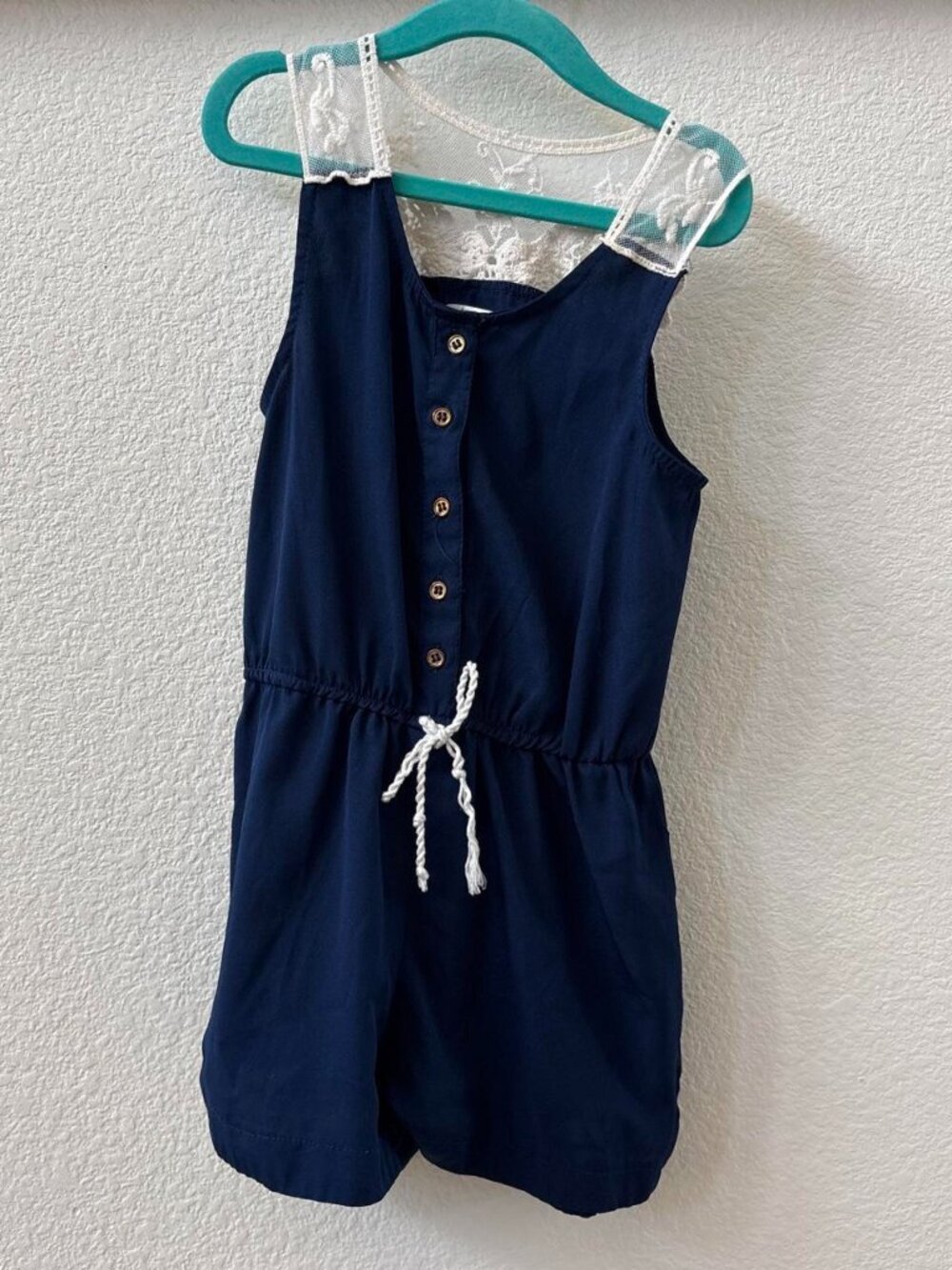 Girls Navy Blue Romper Size 7 | Sleeveless Button Front Lace Shoulder Jumpsuit
